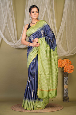 Anuttara Floral Print Saree with Attached Blouse Cotton Silk Saree(Dark Blue)