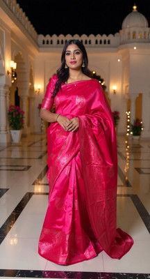 VEERACOLLECTION Printed Kanjivaram Jacquard Saree(Pink)