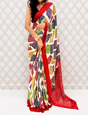 SILKSHOW Printed, Geometric Print Bandhani Satin, Silk Blend Saree(Red)