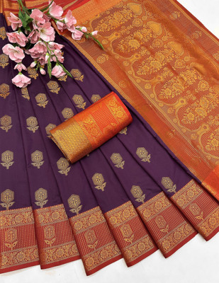 HK Trading Woven, Self Design, Temple Border Banarasi Cotton Silk Saree(Purple)
