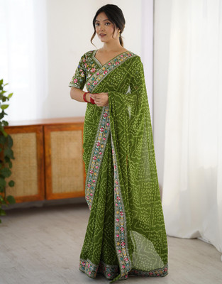Satrani Printed, Embellished, Embroidered Bandhani Lace, Georgette Saree(Green)