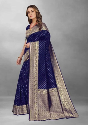 Om Creation Woven Banarasi Tussar Silk Saree(Dark Blue)