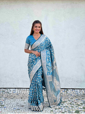 MIRMAN Striped Banarasi Pure Silk Saree(Light Blue)