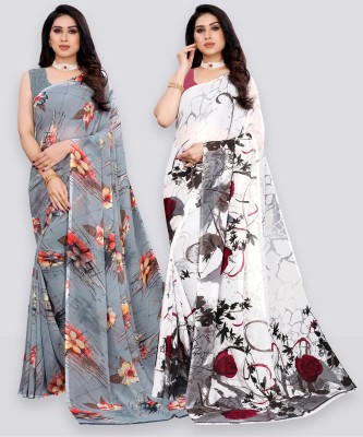 Samah Embellished, Geometric Print, Printed Daily Wear Georgette Saree(Pack of 2, White, Multicolor)