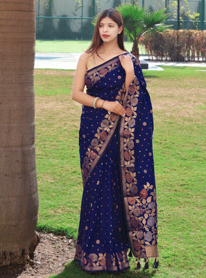Lyuson Creation Self Design, Woven, Polka Print Banarasi Jacquard, Satin Saree(Dark Blue)