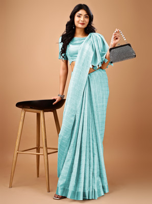 HAANIBA Checkered Daily Wear Handloom Linen Saree(Blue)