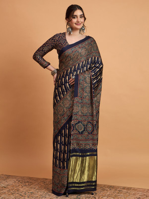 Sareemall Printed Hand Batik Viscose Rayon Saree(Dark Blue)