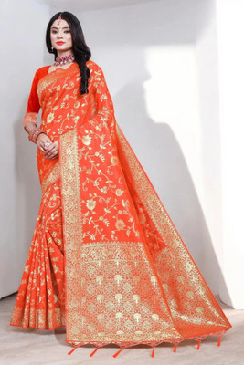 Pikham Self Design Banarasi Art Silk Saree(Orange)
