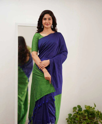 TWRIL Solid/Plain Handloom Pure Cotton Saree(Blue, Green)