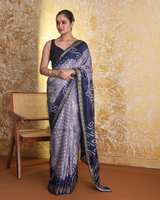 Indethnic Printed Bandhani Polyester Saree(Dark Blue)