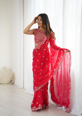 Sajavat Embroidered, Embellished, Woven Bollywood Chiffon Saree(Red)