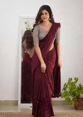 Maku Solid/Plain Handloom Pure Cotton Saree(Maroon)