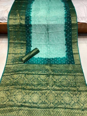 Rudra Fab Self Design Bandhani Pure Silk Saree(Green, Light Blue)