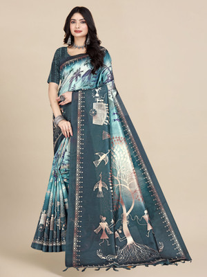 WearEZee Digital Print, Blocked Printed, Floral Print, Geometric Print, Graphic Print, Self Design Bollywood Tussar Silk, Cotton Silk Saree(Green)