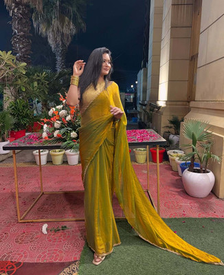 SAI LEELA CREATION ART Solid/Plain, Temple Border, Embellished Bollywood Chiffon, Tissue Saree(Yellow)