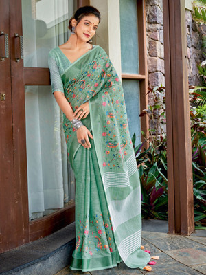 Divastri Embroidered Handloom Linen Saree(Light Green)