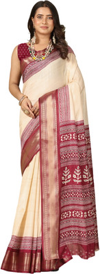 Virendra Textiles Printed Handloom Cotton Blend Saree(Maroon)
