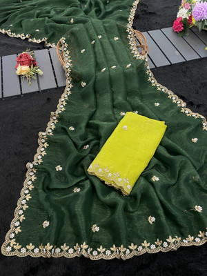 KanjiQueen Self Design, Embellished, Embroidered Saree with Attached Blouse Chiffon, Silk Blend Saree(Dark Green, Light Green)