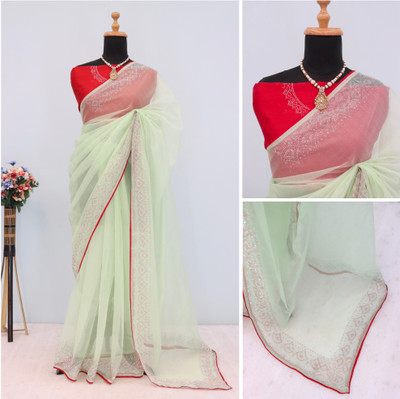 JENNYFEB Embellished Bollywood Supernet Saree(Light Green)