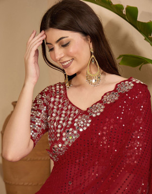 Satrani Embellished, Embroidered, Self Design Bollywood Georgette Saree(Red)