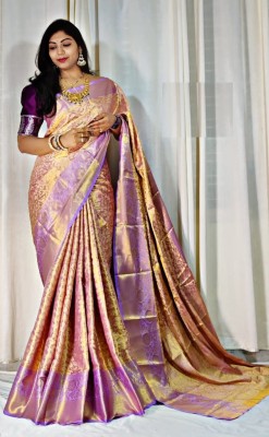 Bansari Textiles Self Design, Embellished, Printed, Woven, Temple Border Banarasi Jacquard, Cotton Jute Saree(Purple)