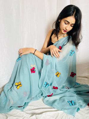 GOLDOLL FAB Embroidered Bollywood Georgette Saree(Light Blue)