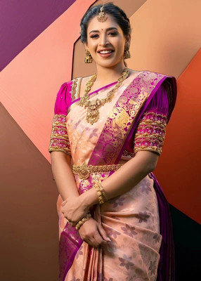 HouseOfCommon Woven Kanjivaram Pure Silk Saree(Pink)