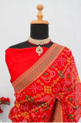 Anjali textile Tie-Dye, Woven, Geometric Print Bandhani Georgette Saree(Red)