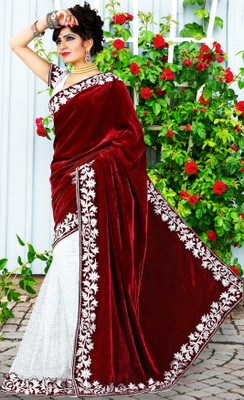 Anugrah Textile Embroidered Banarasi Net, Velvet Saree(White, Maroon)