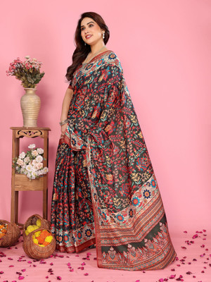 Soor Panchi Printed Bollywood Cotton Silk Saree(Black)