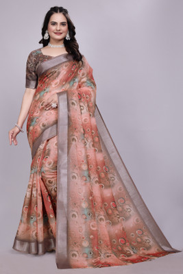 HIYAMI Printed Bollywood Cotton Linen Saree(Orange)