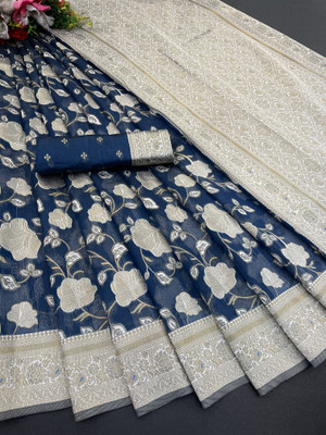 aarohicreation Printed Bollywood Tissue Saree(Dark Blue)