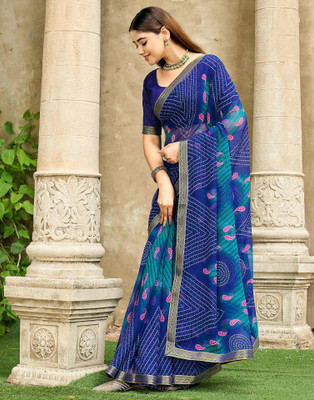 Samah Printed Bandhani Chiffon, Georgette Saree(Dark Blue)