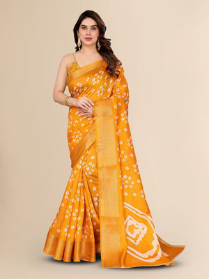 Moda Rapido Printed Bandhani Cotton Blend Saree(Mustard)