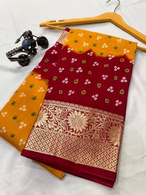 radhe creation Printed, Embellished, Woven Bandhani Silk Blend Saree(Yellow, Red)