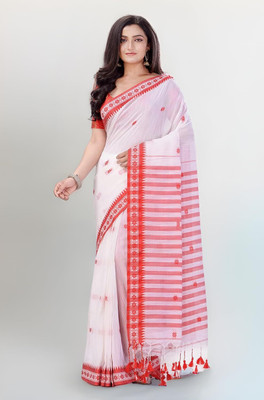 SSK Striped, Embroidered, Woven Bollywood Handloom Cotton Blend Saree(White)