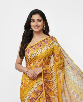 Anugrah Textile Printed Banarasi Lycra Blend, Chiffon Saree(Yellow)