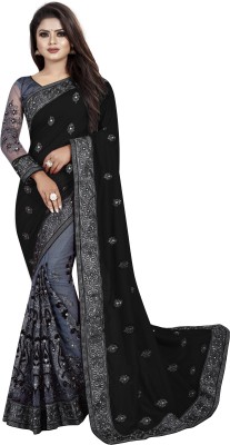 Styli-Nar Creation Printed, Digital Print, Striped, Self Design, Embroidered Bollywood Georgette Saree(Black, Grey)