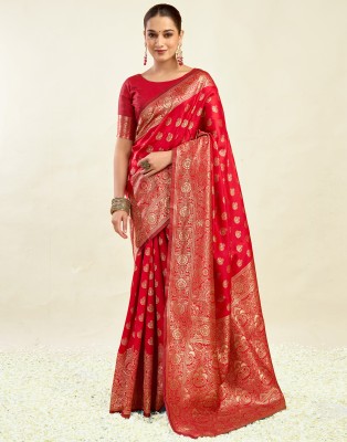 Samah Woven, Embellished Banarasi Silk Blend Saree(Red)