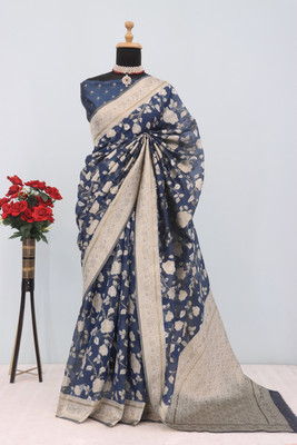 aarohicreation Woven Bollywood Tissue Saree(Dark Blue)