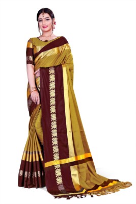 NOTABILIA Animal Print Kanjivaram Art Silk, Cotton Silk Saree(Brown, Yellow)