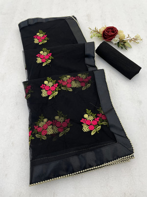 vallavi fashion Embroidered Bollywood Net Saree(Black)