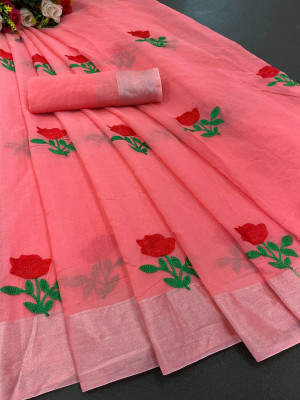 KRIVITY Embroidered Chanderi Cotton Linen Saree(Pink)