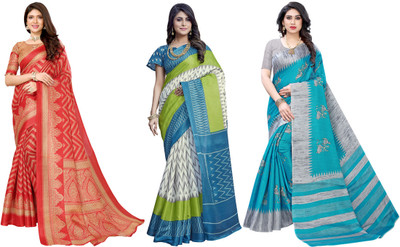 Nirvaan Printed, Woven Daily Wear Art Silk Saree(Pack of 3, Red, White, Blue, Grey)