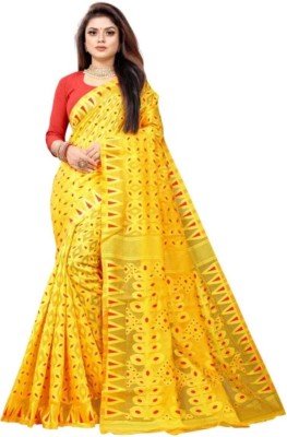 UR Affection Woven Jamdani Cotton Linen Saree(Yellow)