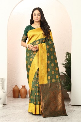 Mitiv Woven Kanjivaram Jacquard Saree(Green, Yellow)