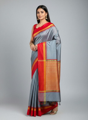 Fabloom Checkered, Woven Bhagalpuri Handloom Raw Silk Saree(Grey, Red)