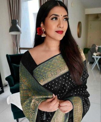 R K INFINITIVE Self Design, Woven Kanjivaram Jacquard Saree(Black)