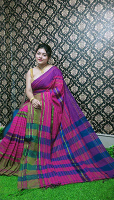 AMIT STORE Striped Handloom Cotton Blend Saree(Blue)