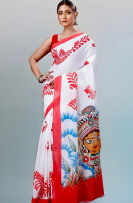 Bhadra Shopping Store Printed Daily Wear Cotton Blend Saree(Cream)